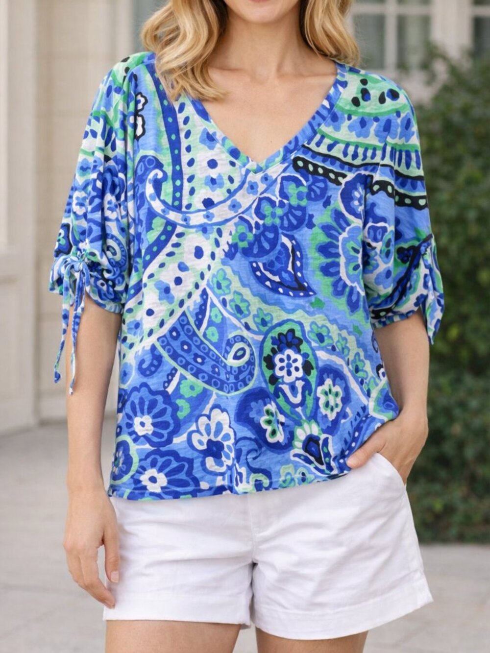 🌿 Talbots Blue & Green Paisley Tie‑Sleeve Top – Size M 🌿